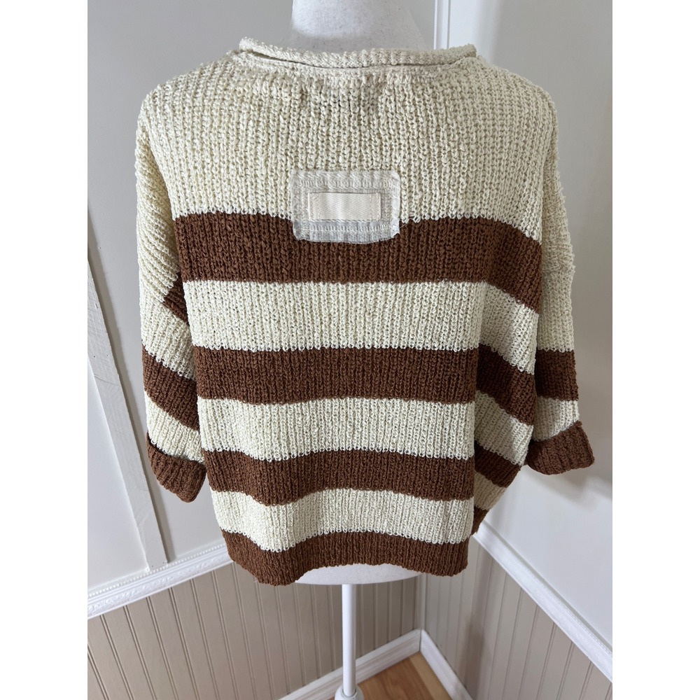 Zenana Striped Knit Sweater Deep Camel Cream V-Neck Short Sleeve L/XL - Picture 10 of 13
